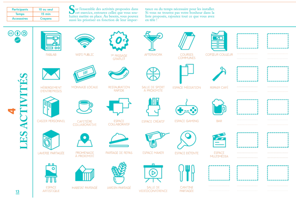 tiers-lieu : Page "les activités" du cahier d'activités des tiers-lieux pour créer son tiers-lieu.